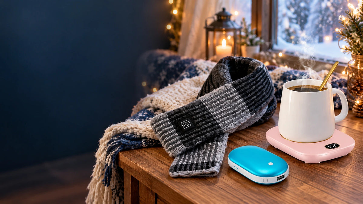 Cozy winter table with heated scarf, hand warmer and mug warmer
