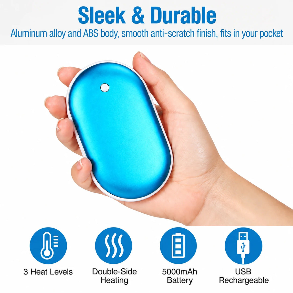 Pocket-size aluminum hand warmer held in hand