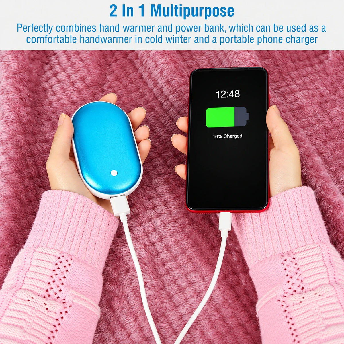 Hand warmer charging a phone as a power bank