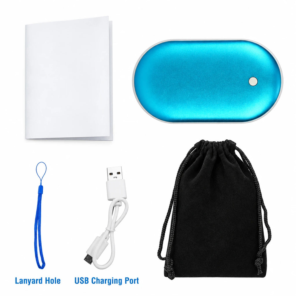 What's in the box: hand warmer, USB cable, lanyard, pouch, manual