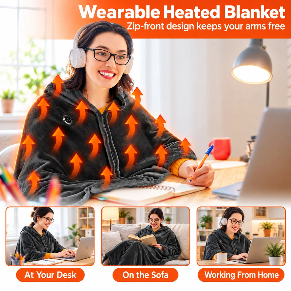Wearable heated blanket with zip-front design for desk, sofa and working from home