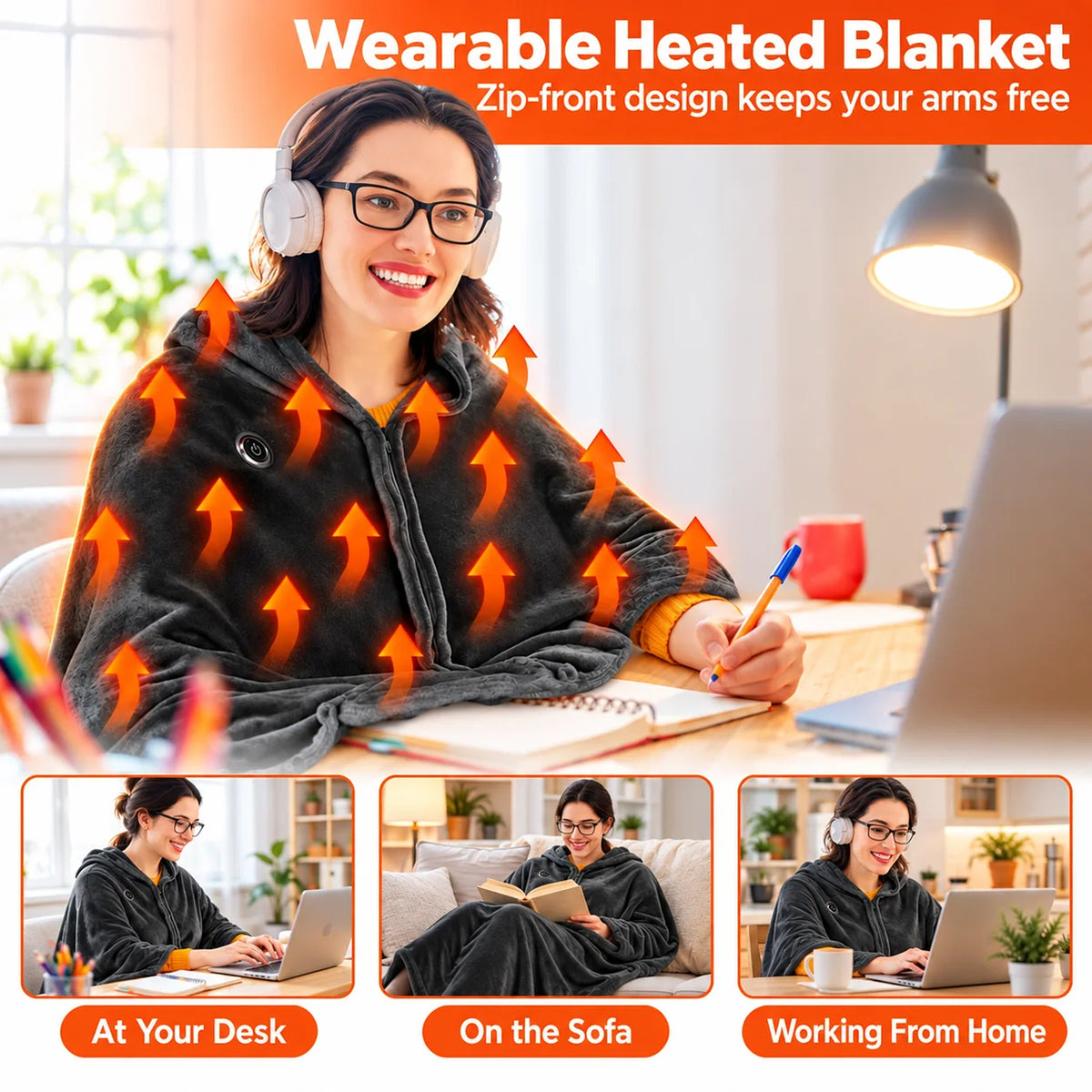 Wearable heated blanket with zip-front design for desk, sofa and working from home