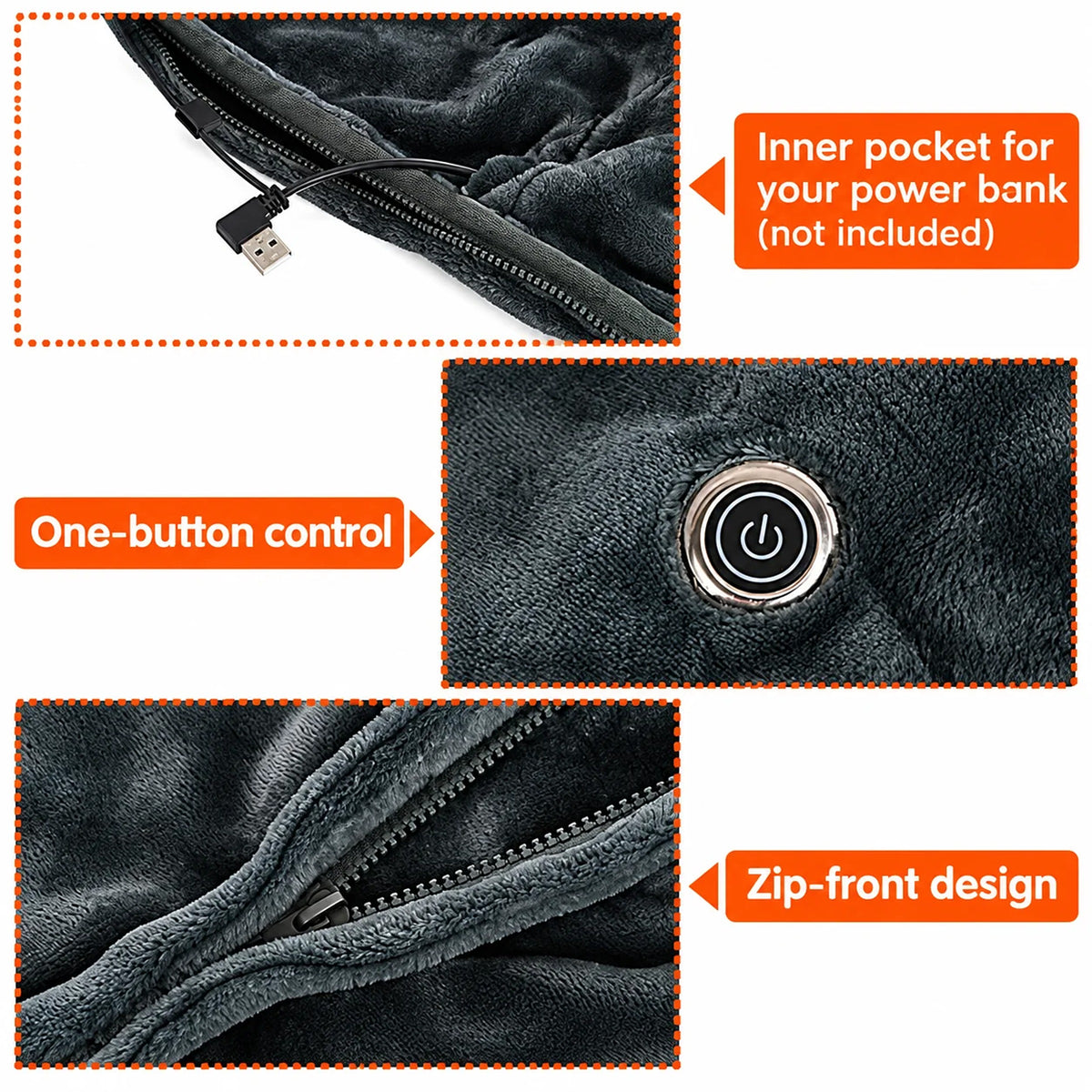 Inner power bank pocket, one-button control and zipper