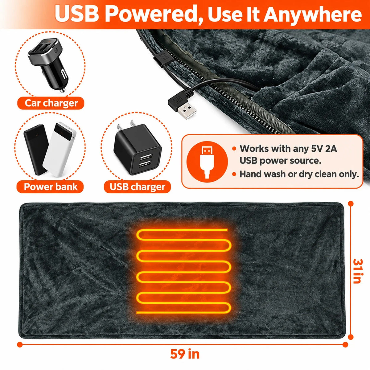 USB powered heated blanket, 59 x 31 inches