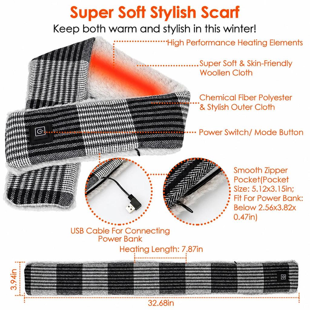 USB heated scarf features: heating elements, soft lining, power button, zipper pocket