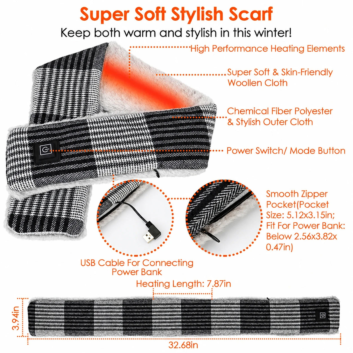 USB heated scarf features: heating elements, soft lining, power button, zipper pocket