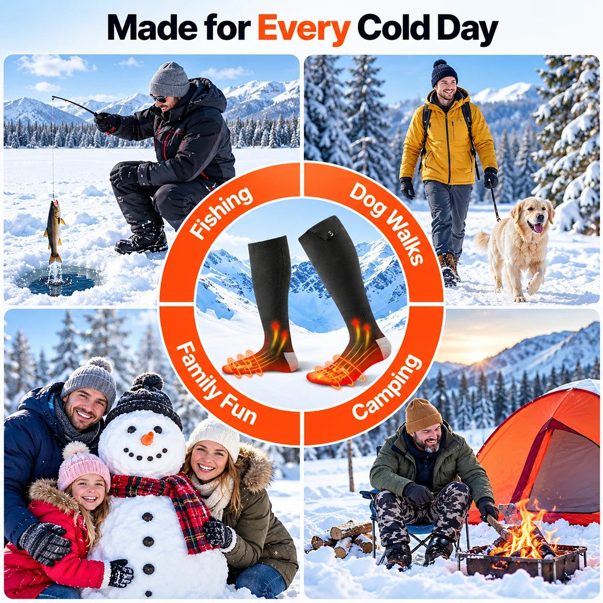Heated socks for fishing, dog walks, family fun and camping
