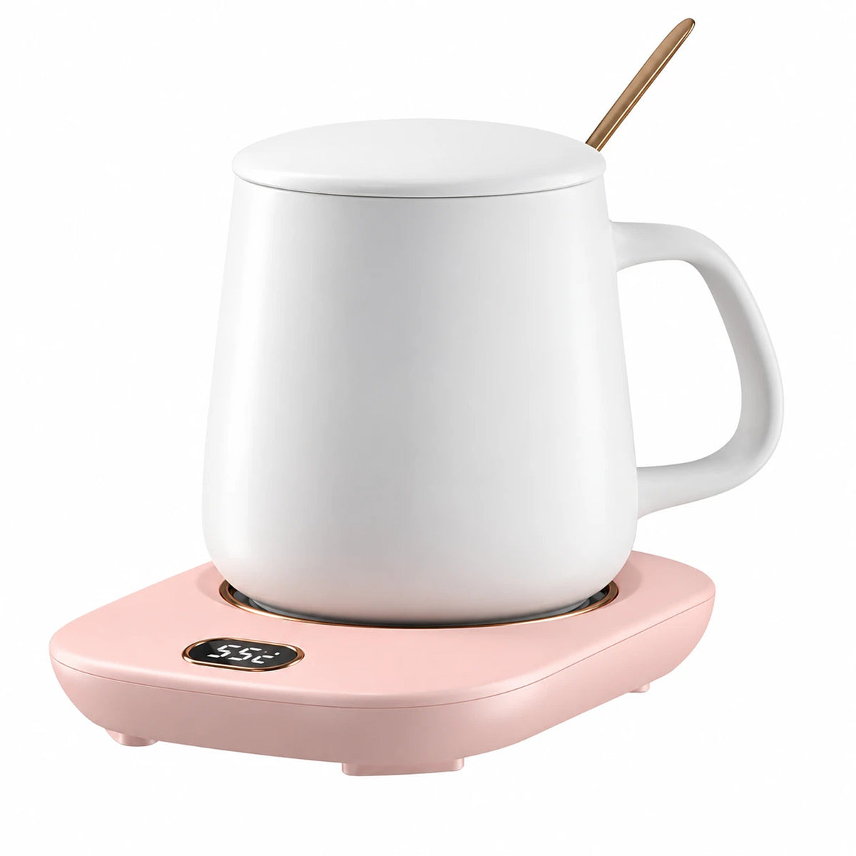 White mug on the pink smart mug warmer